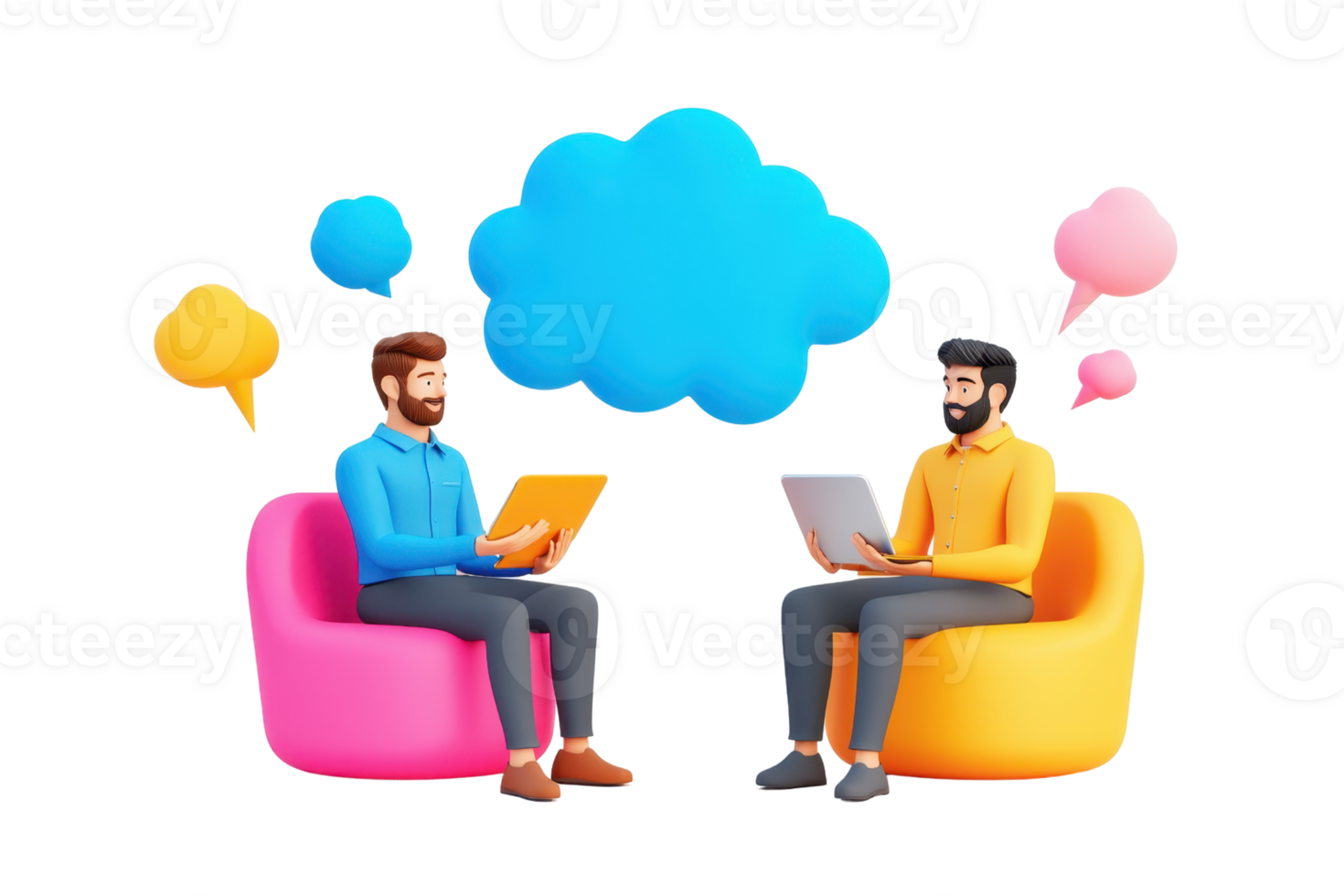 Two men engaging in a conversation while seated on colorful chairs, each using a laptop, with speech bubbles above them. png