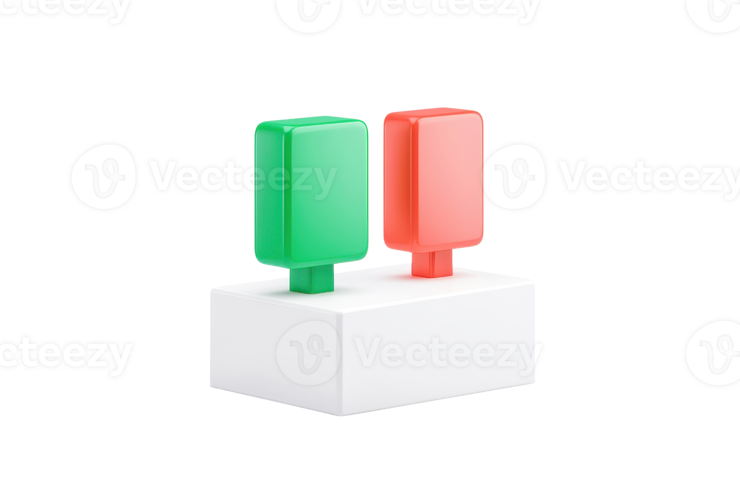 A pair of colored blocks, one green and one red, positioned upright on a white base. png