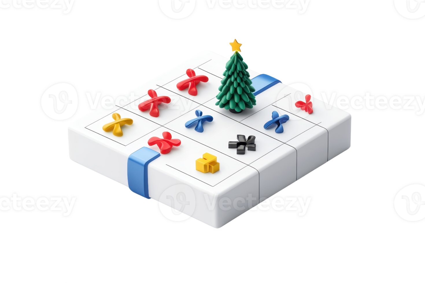 A colorful tic-tac-toe game featuring festive symbols, including a small Christmas tree, set on a white board. png