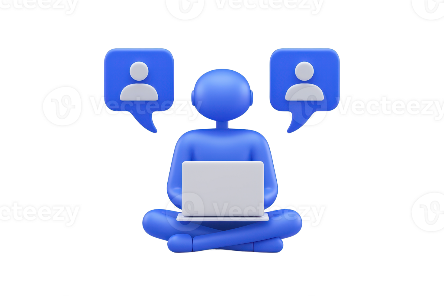 A blue figure sitting cross-legged with a laptop, engaged in conversation, represented by two speech bubbles. png
