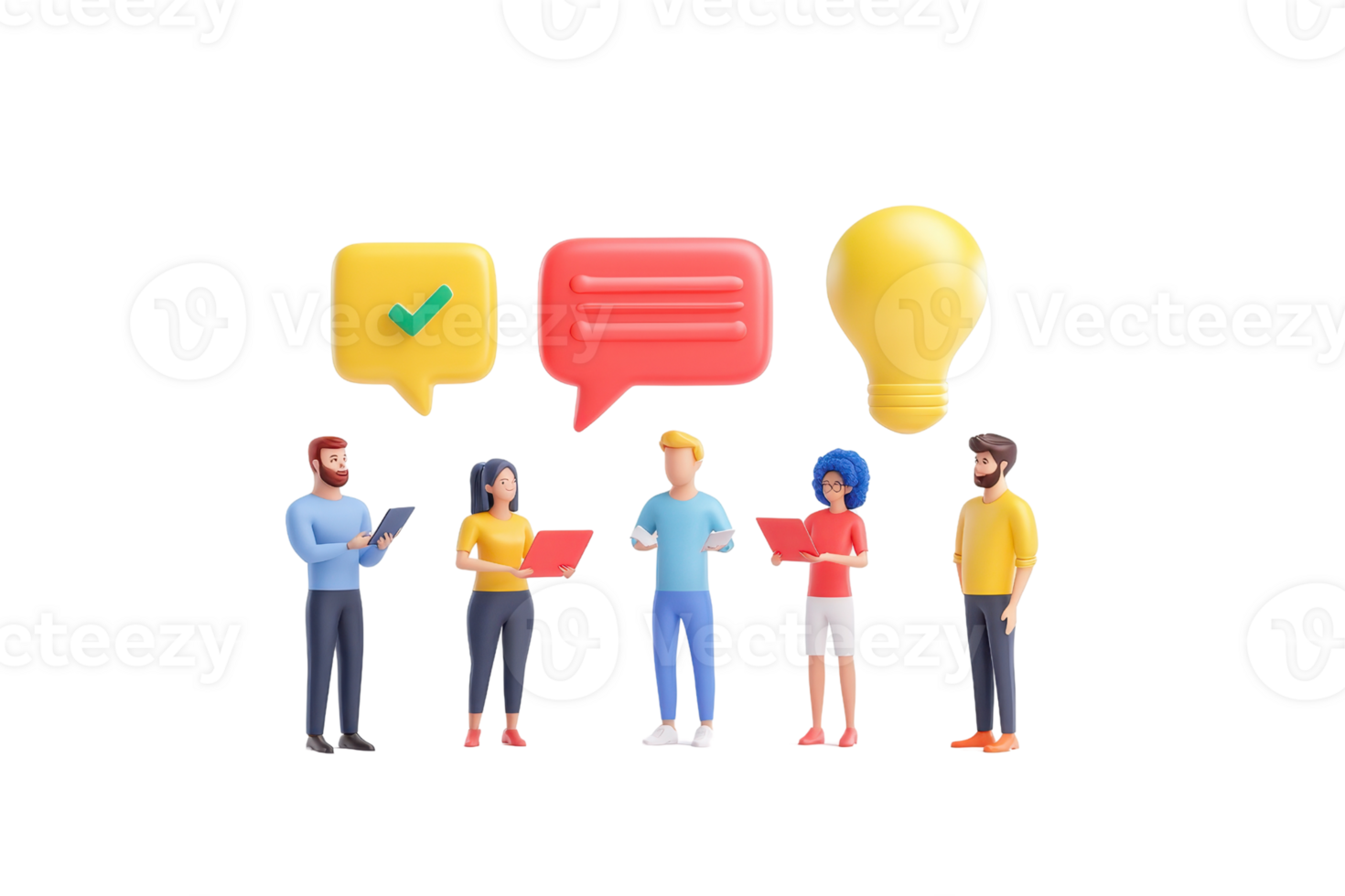 A group of diverse individuals engaged in conversation, with speech bubbles and a light bulb, representing communication and collaboration. png