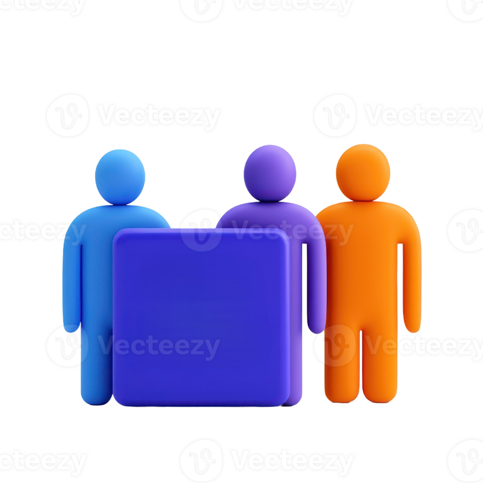 Three colorful figures stand beside a purple square, conveying a sense of community and collaboration. png
