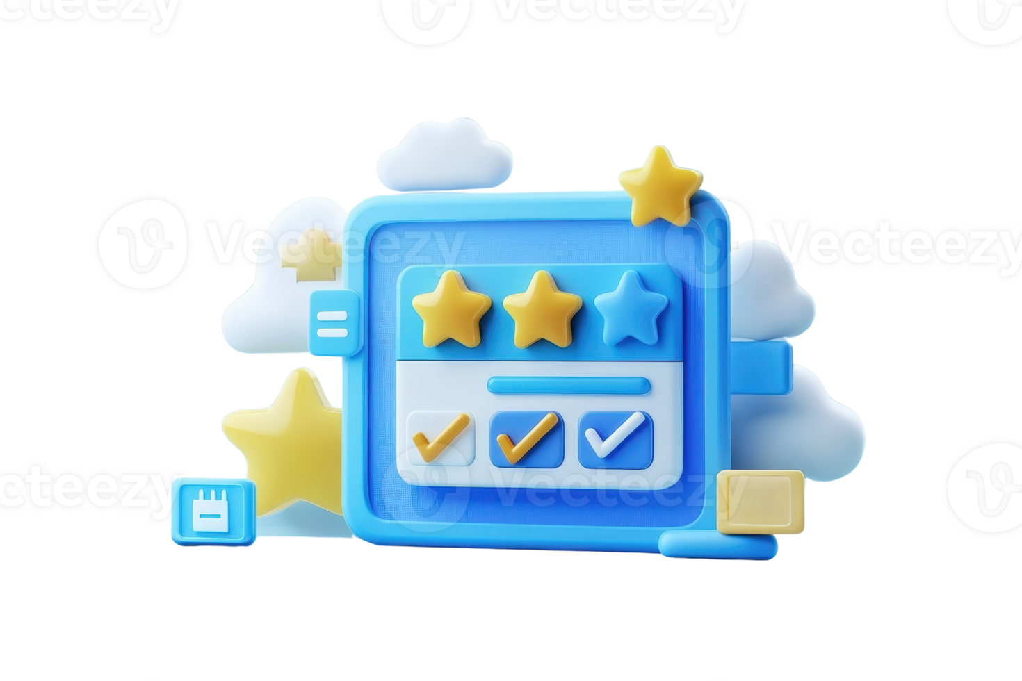 A colorful, three-dimensional rating interface featuring stars, checkmarks, and decorative clouds. png