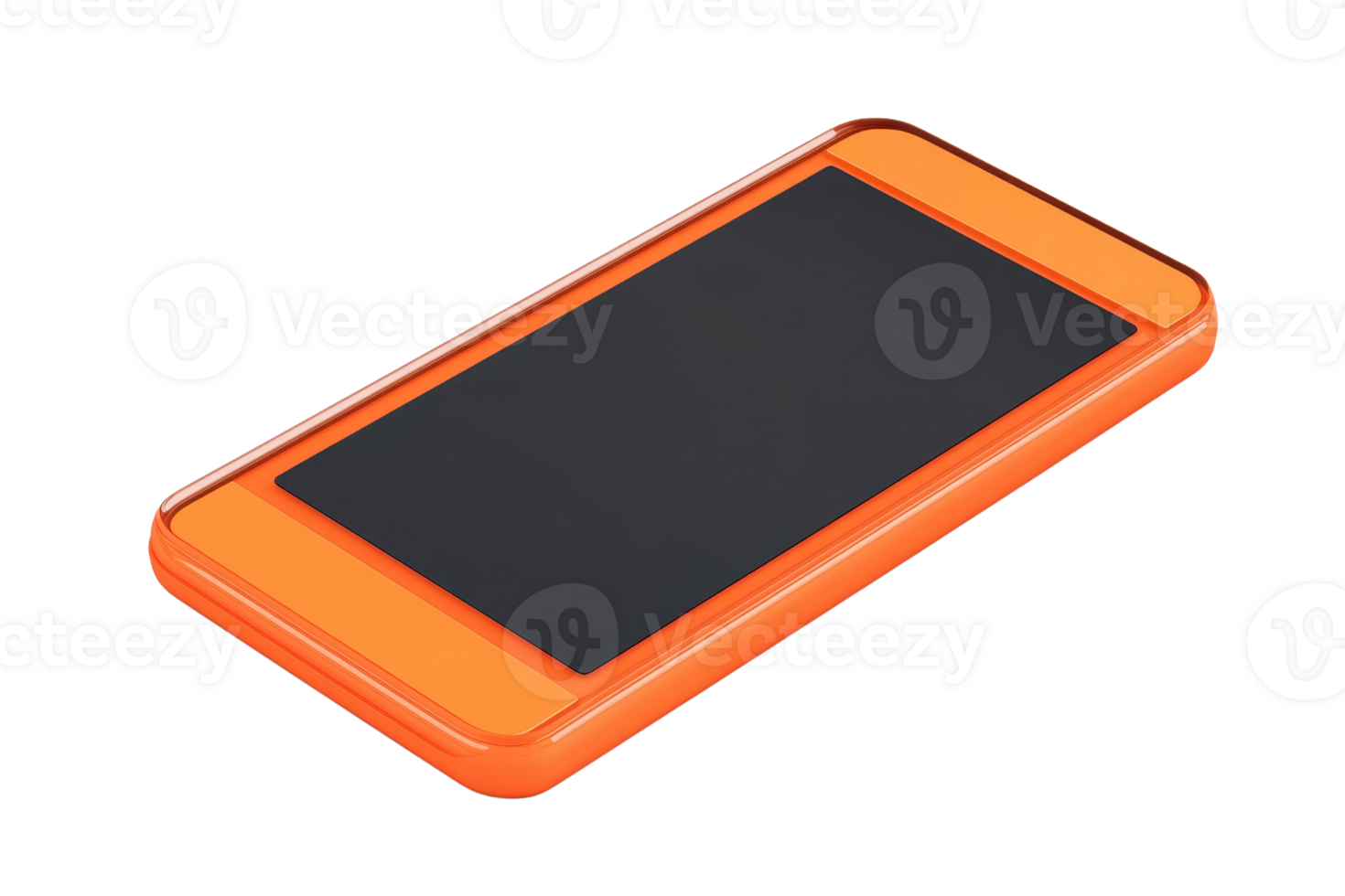 A vibrant orange smartphone with a sleek design and a dark screen. png