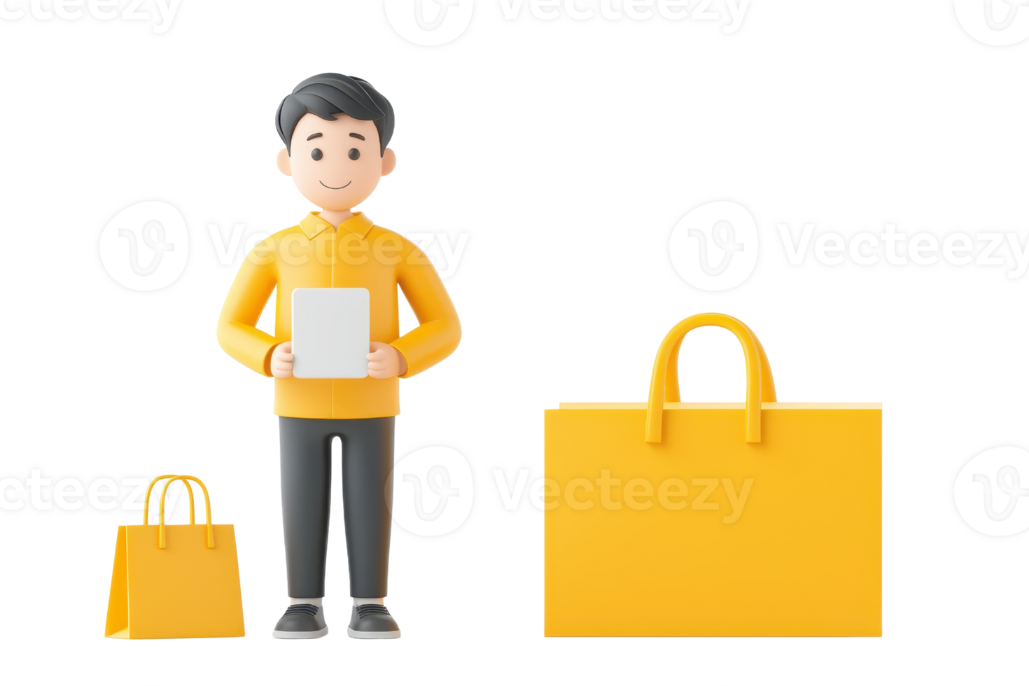 A young person in a yellow outfit holds a tablet beside two yellow shopping bags of different sizes. png