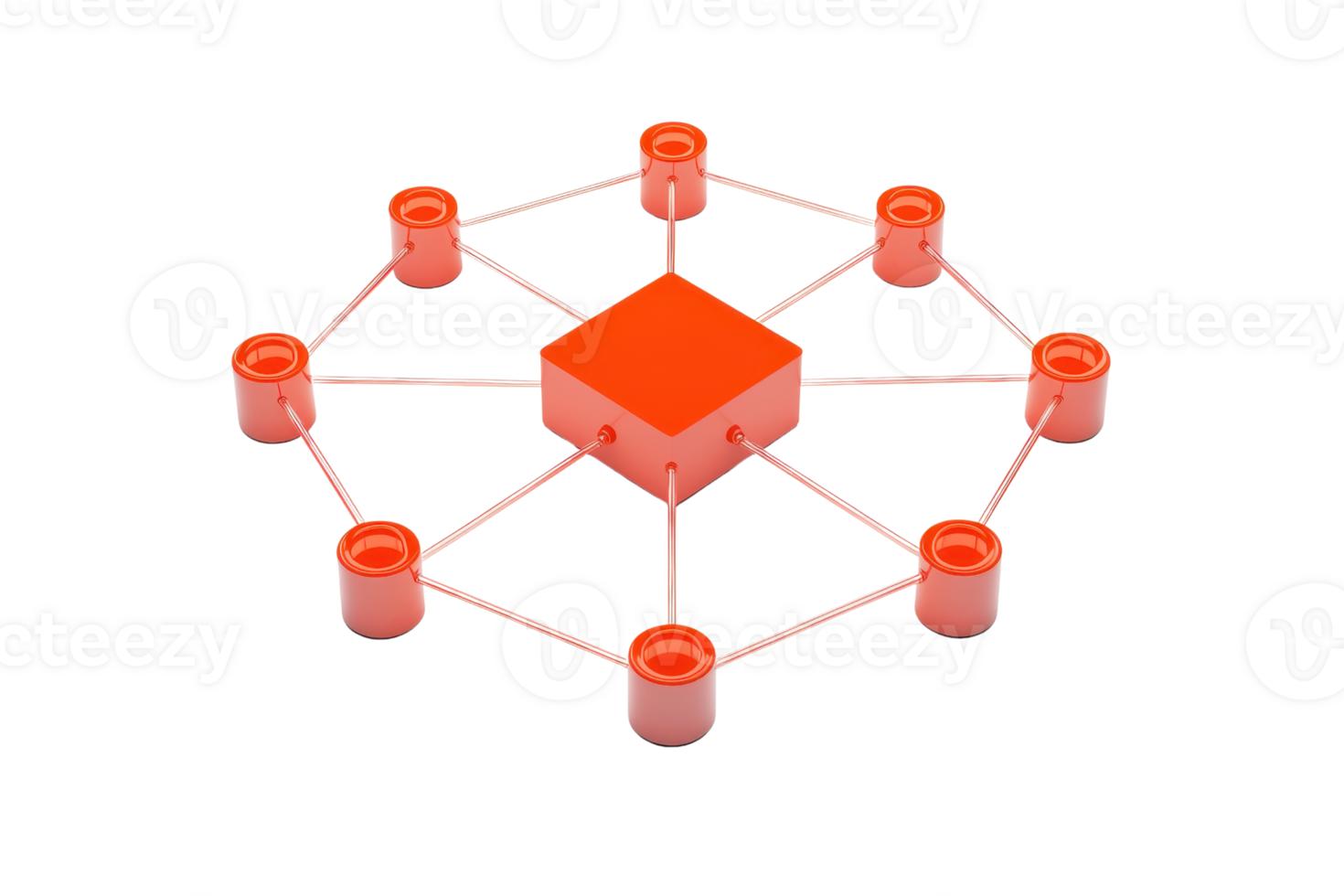 A network structure featuring a central orange cube connected to multiple smaller orange cylinders by lines. png