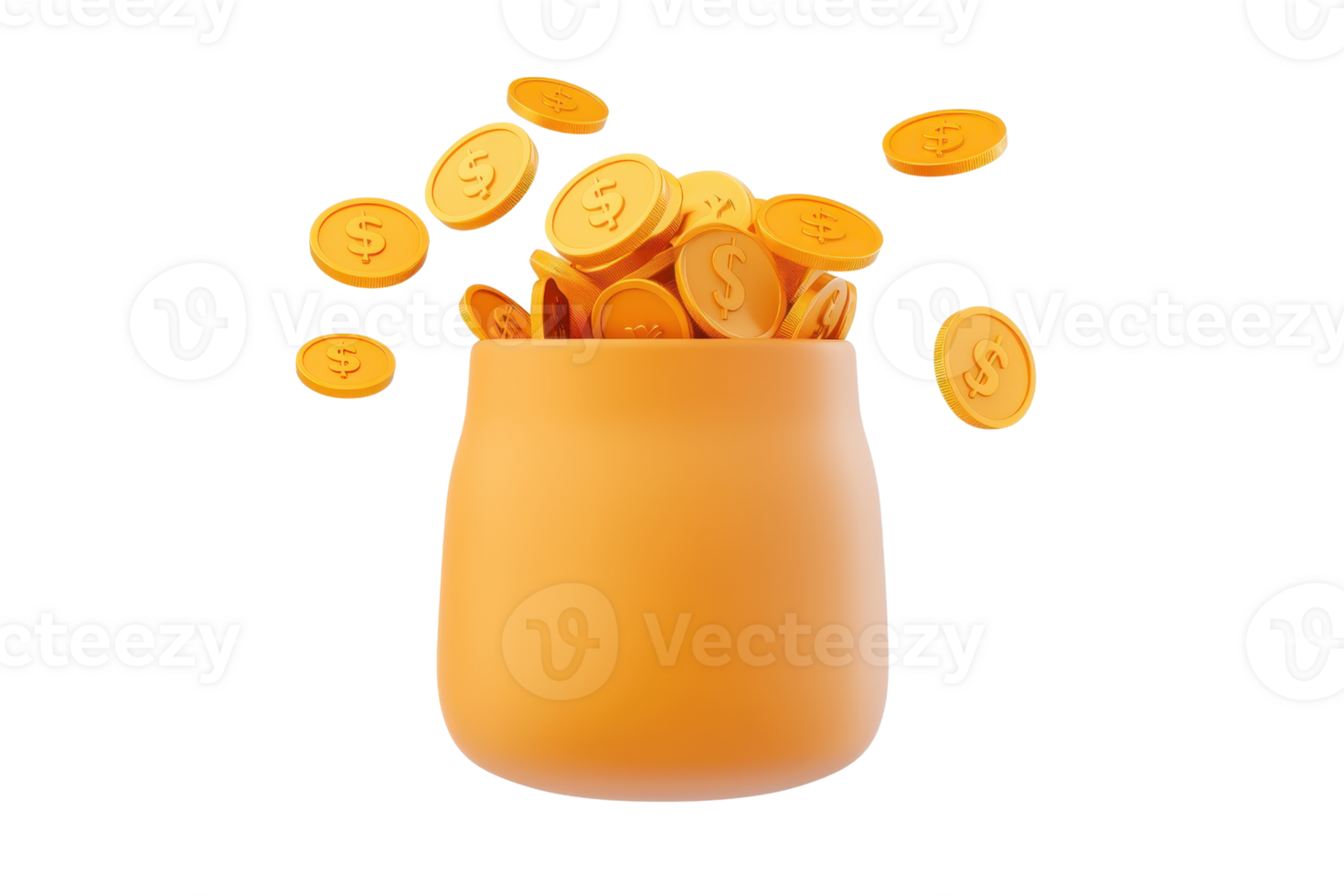A ceramic pot filled with golden coins, overflowing with a few coins scattered around it. png