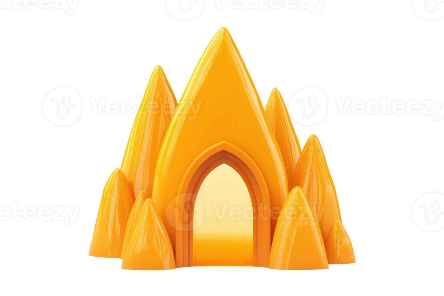 A stylized, orange mountain structure featuring multiple peaks and an archway in the center. png