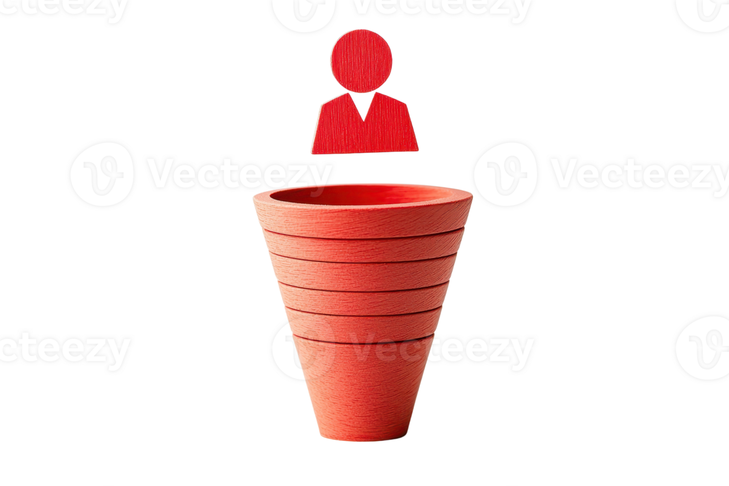 A red, conical planter with horizontal stripes, topped by a small red figure resembling a person. png
