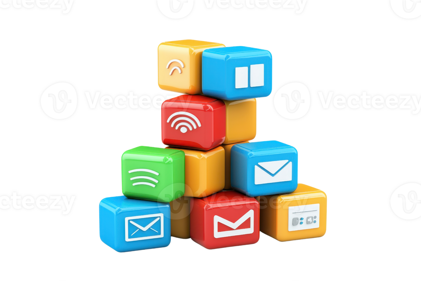 A colorful arrangement of cubes featuring various communication icons. png
