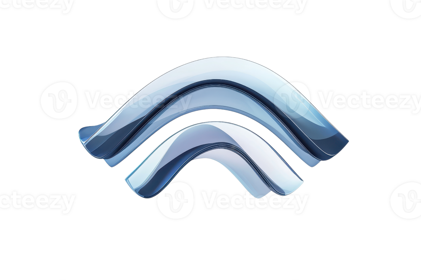 Abstract blue metal arc symbol with shiny finish and three-dimensional perspective on transparent background. png
