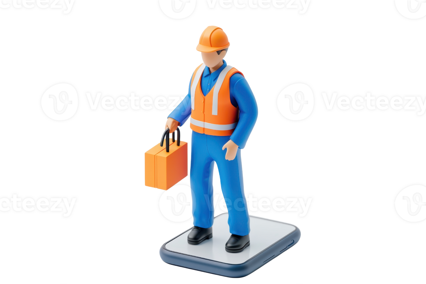 A construction worker figurine holding a toolbox, wearing an orange vest and helmet, stands confidently on a base. png