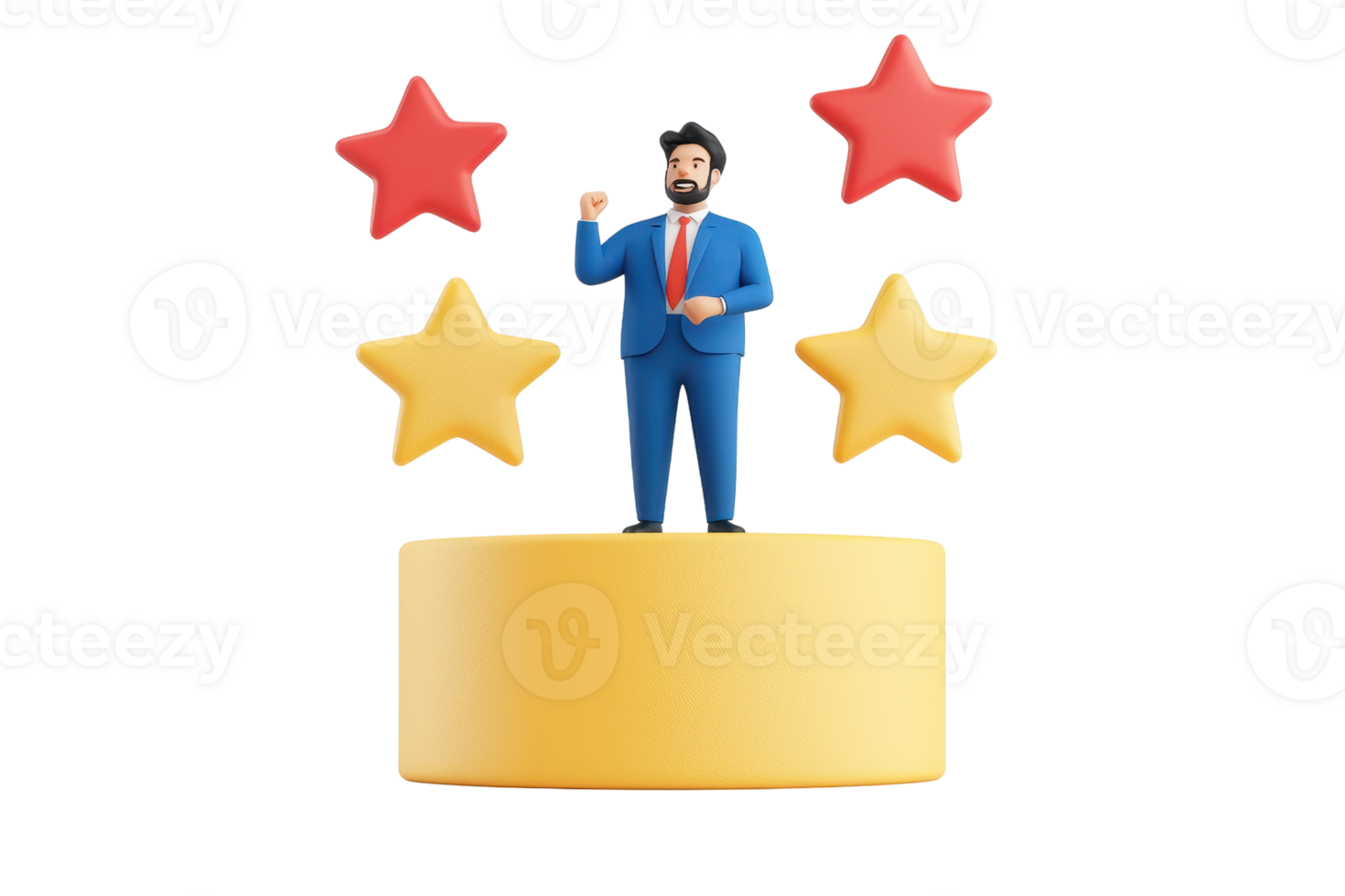 A confident figure in a blue suit stands atop a yellow podium, surrounded by red and yellow stars, symbolizing achievement and recognition. png