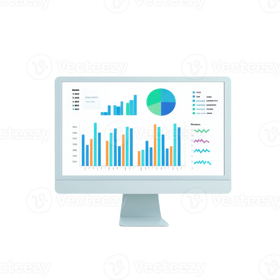 A computer monitor displays colorful data visualizations, including bar charts, line graphs, and a pie chart, showcasing statistical information. png