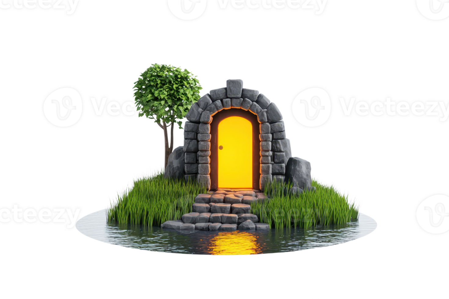 A mystical stone doorway with a glowing yellow entrance, surrounded by lush grass and a small tree, situated on a serene water surface. png