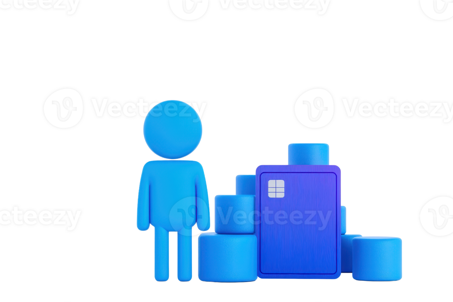 A blue figure stands beside a stack of blue cylinders and a rectangular blue object. png