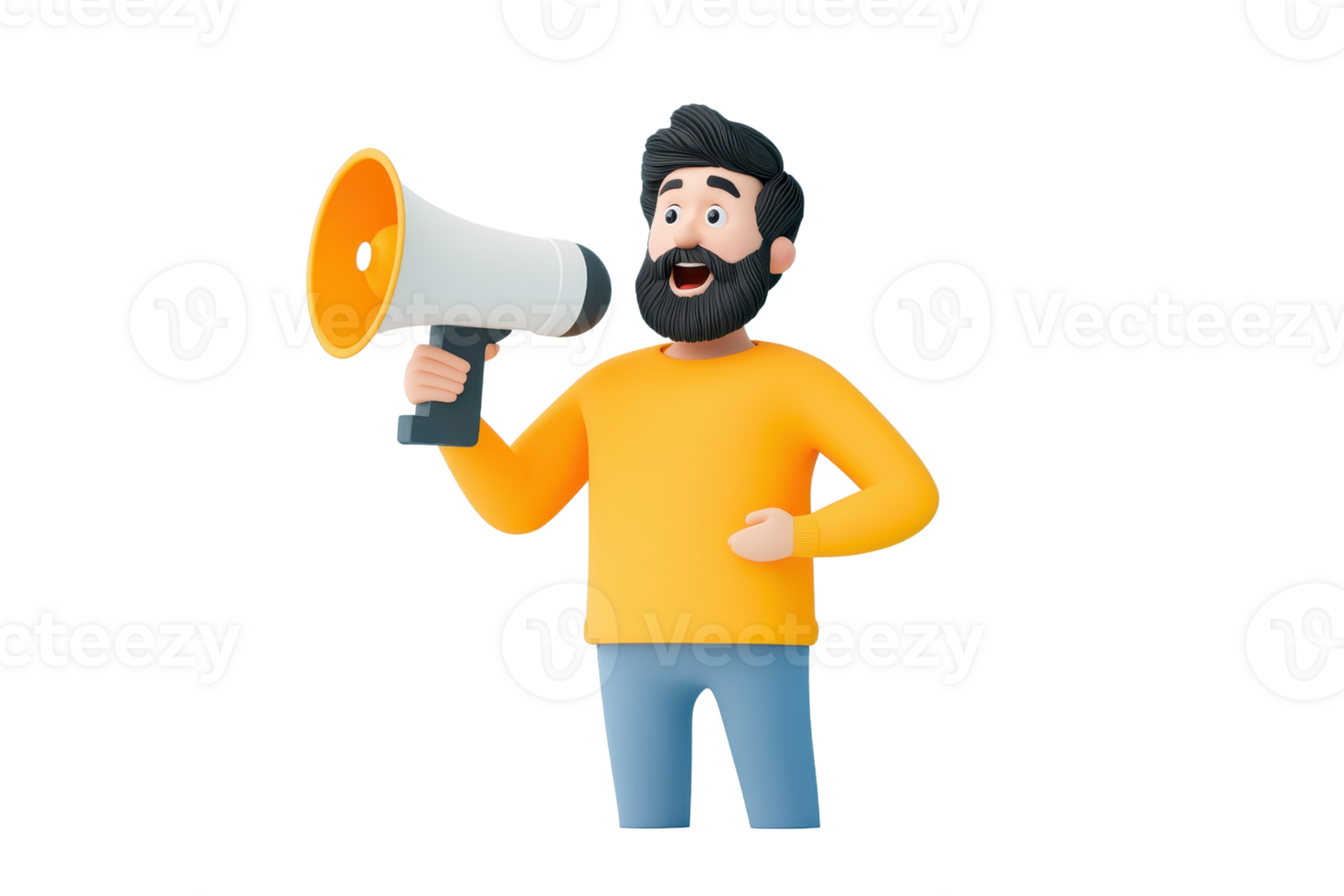 A cartoon man in a yellow sweater enthusiastically holds a megaphone, conveying a message with a lively expression. png