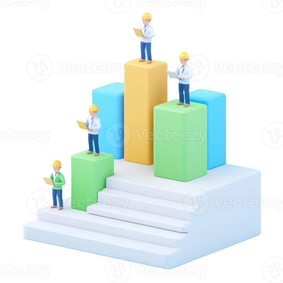 A group of miniature figures stands on colorful bar graphs, representing progress and achievement in a creative, three-dimensional design. png