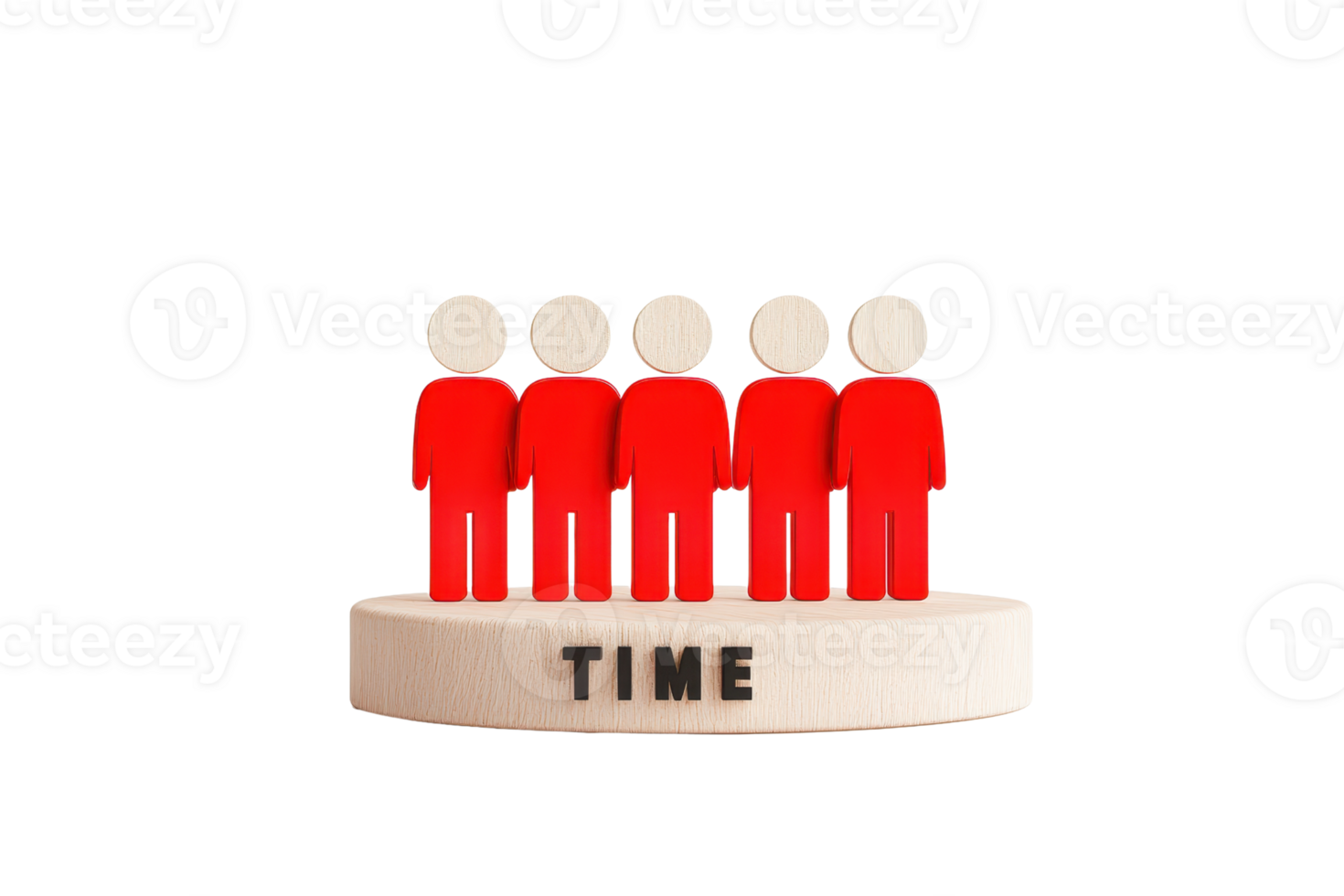 A group of five red figures stands on a platform labeled TIME, symbolizing the concept of time management or the importance of time. png
