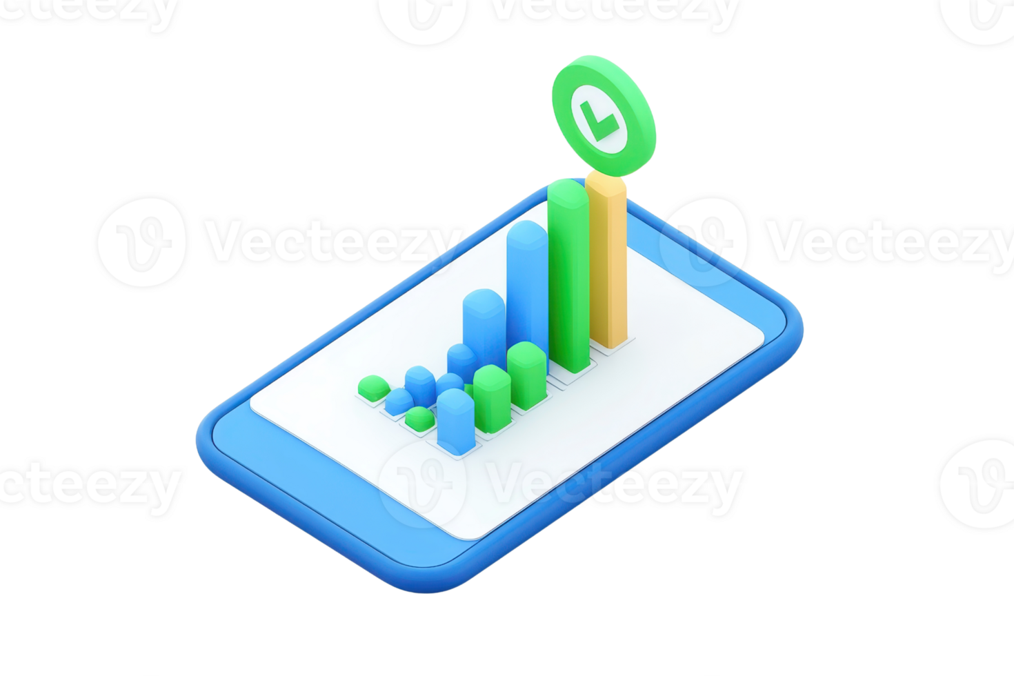 A smartphone displays a colorful bar graph with various data points, indicating growth and analytics. png