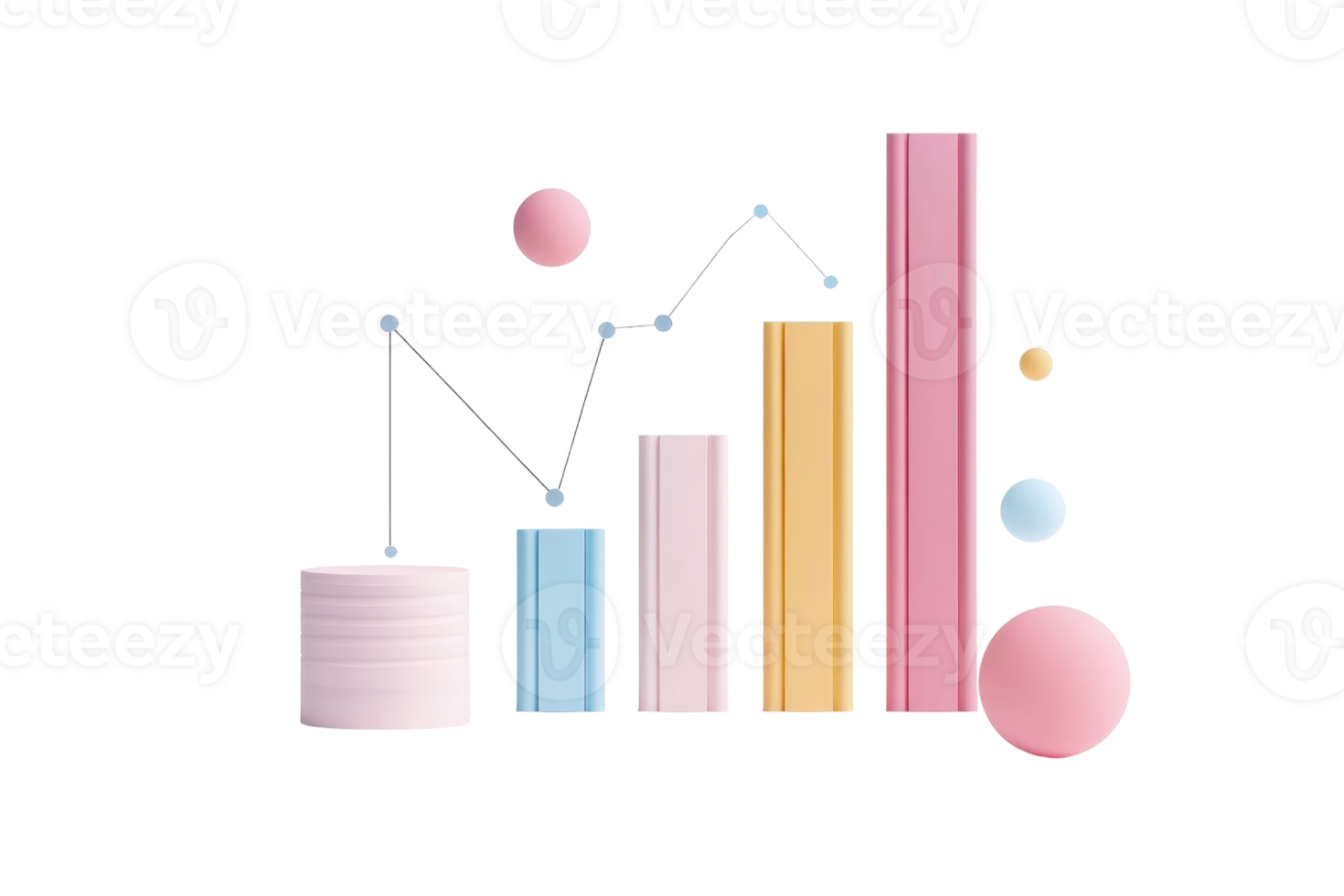 Colorful 3D graphic elements representing data analytics, including bars and points, illustrating business growth and performance. png