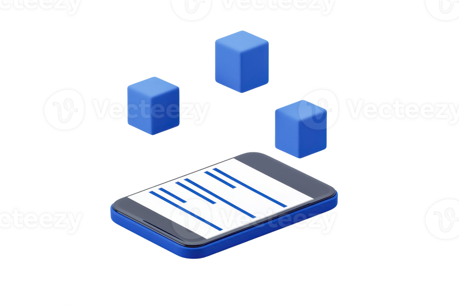 A smartphone displaying text with three blue cubes above it, suggesting data interaction or organization. png