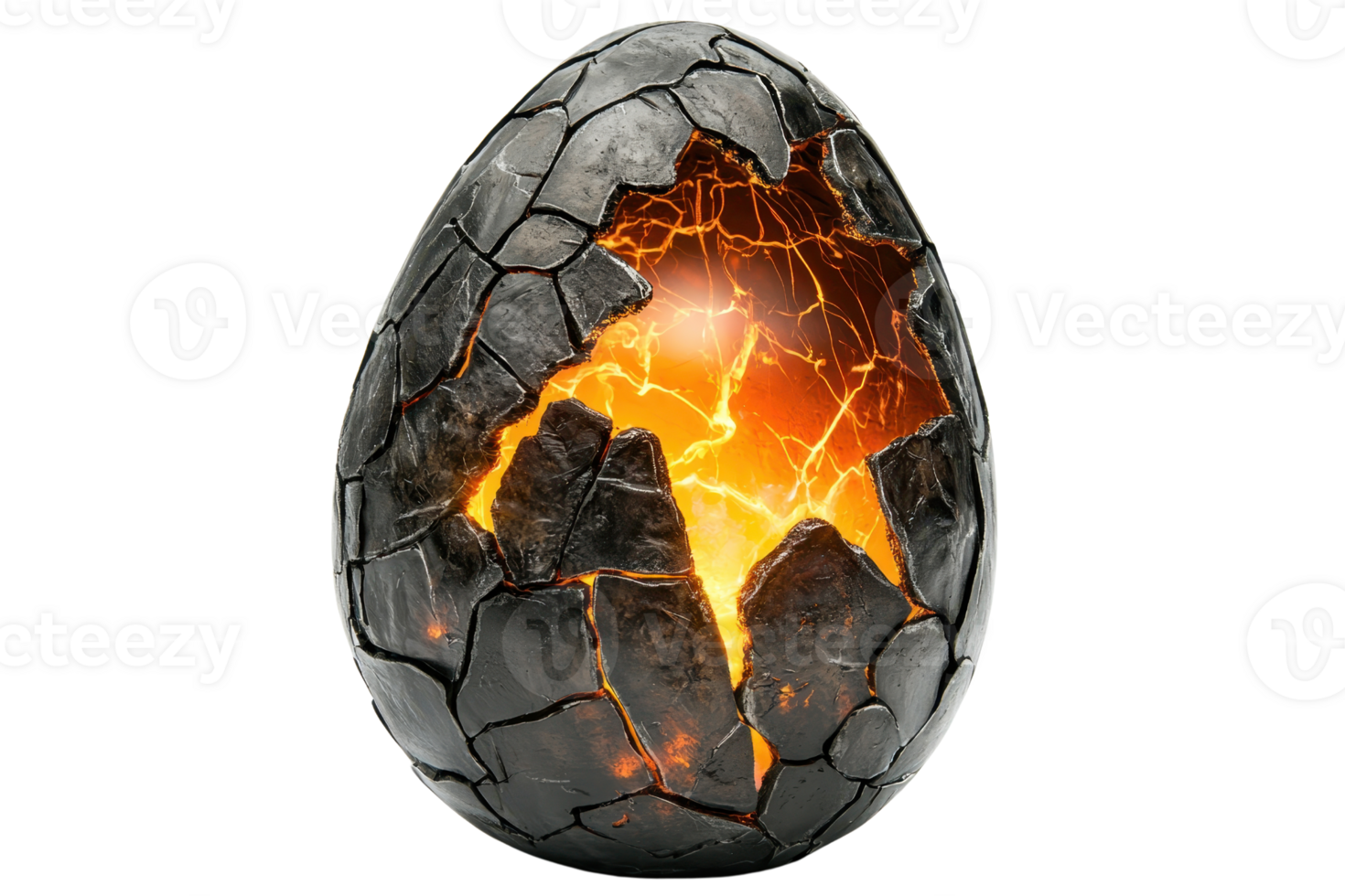 A mysterious cracked egg with a fiery glow emerging from its core, symbolizing the concept of transformation and new beginnings. png