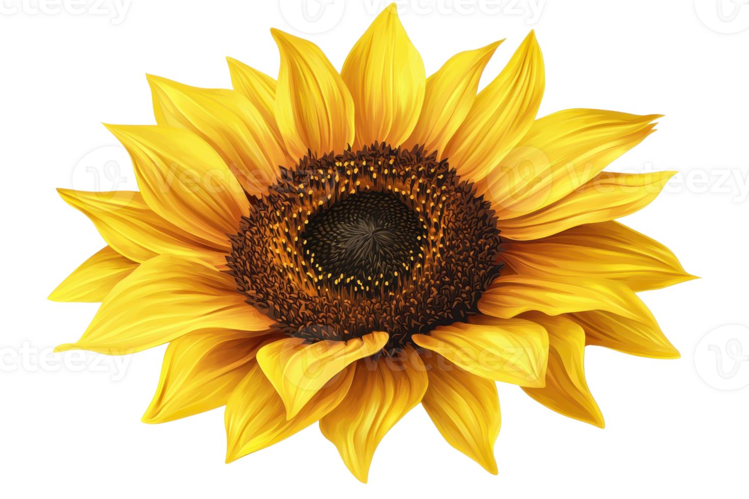 Close-up of a vibrant sunflower with golden petals and a rich brown center, isolated on a transparent background, showcasing nature's beauty. png