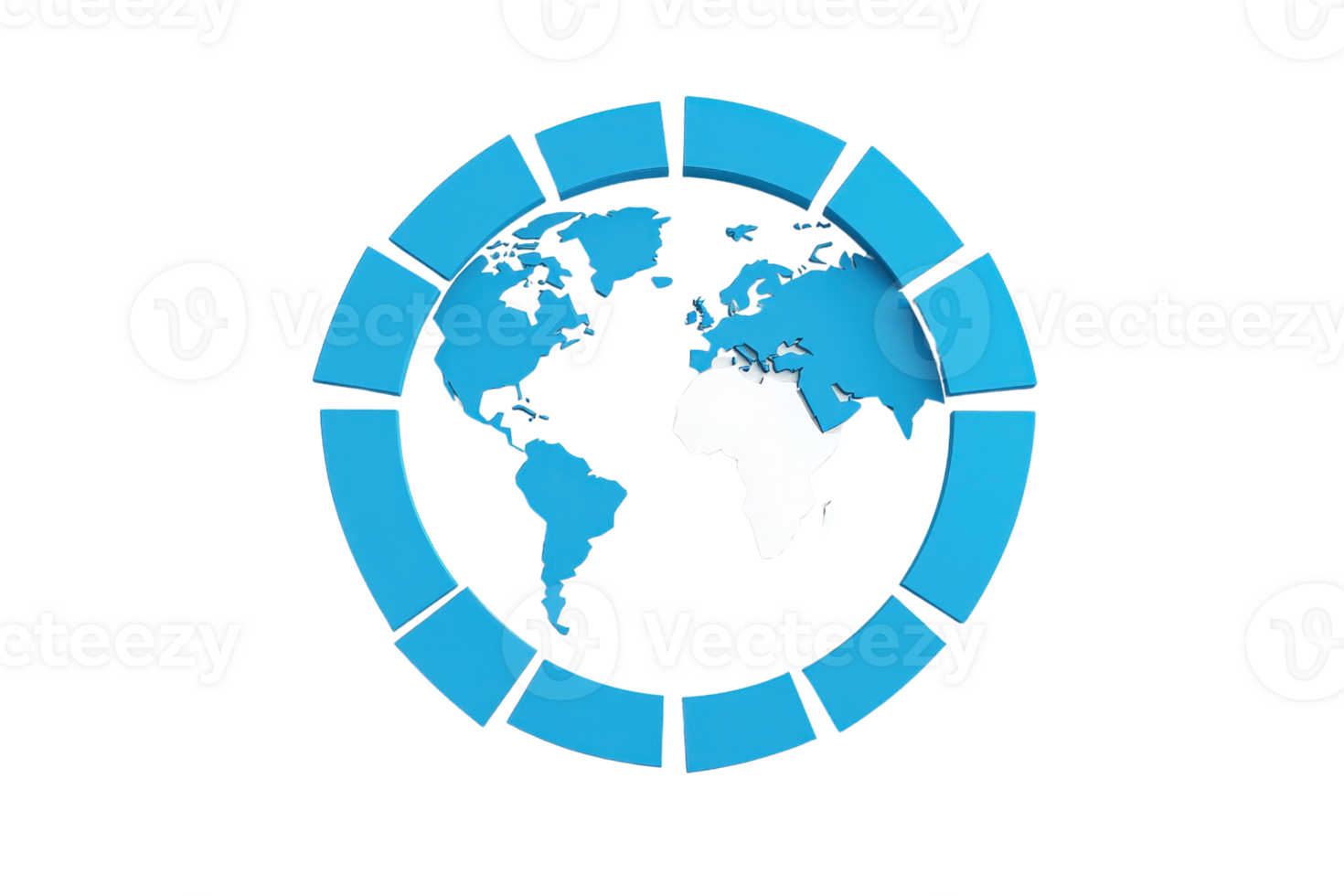 A stylized globe featuring continents in blue, surrounded by a circular design with blue segments. png