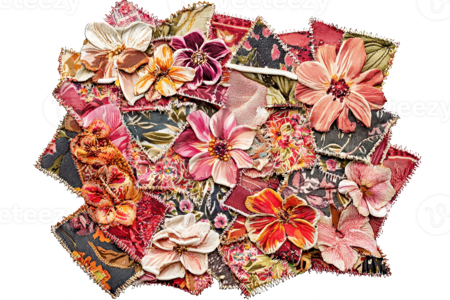 A vibrant collage of colorful floral fabric swatches with intricate designs, showcasing artistic creativity and textile art. png