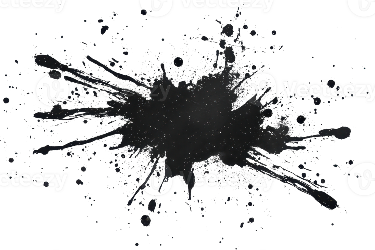 Abstract black ink splatter on transparent background, ideal for artistic projects, invitations, and designs requiring a dynamic, textured effect. png