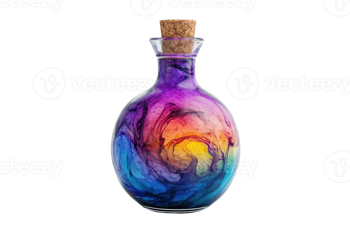 A vibrant, swirling mix of colors in a glass potion bottle, creating a magical and mystical visual effect against a transparent background. png