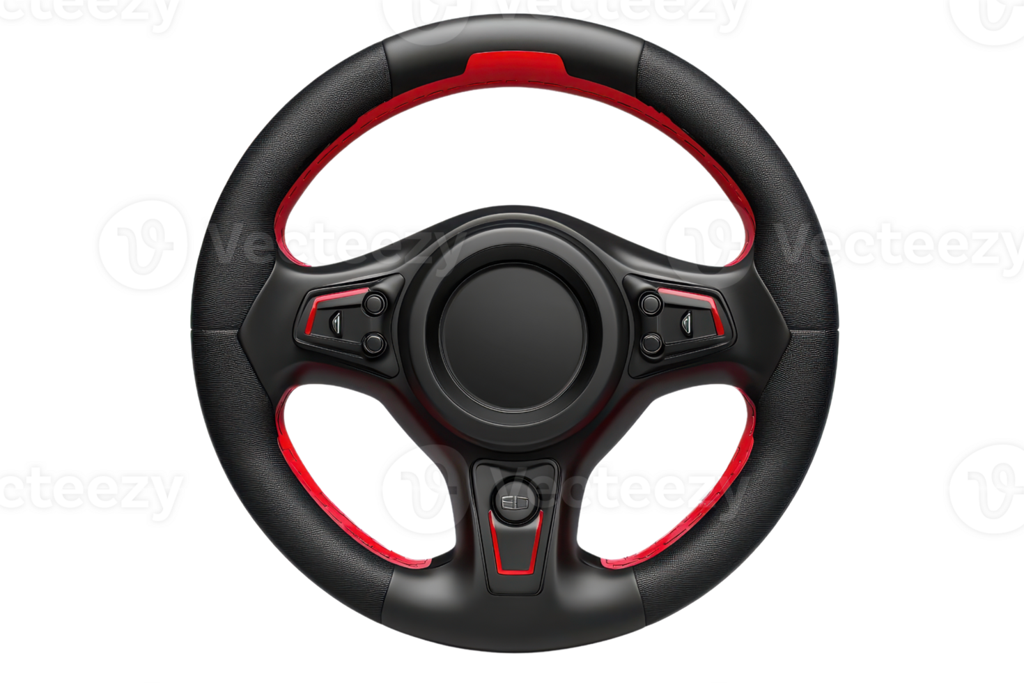 Close-up of a stylish black and red gaming steering wheel, ideal for racing simulation enthusiasts seeking a realistic driving experience. png
