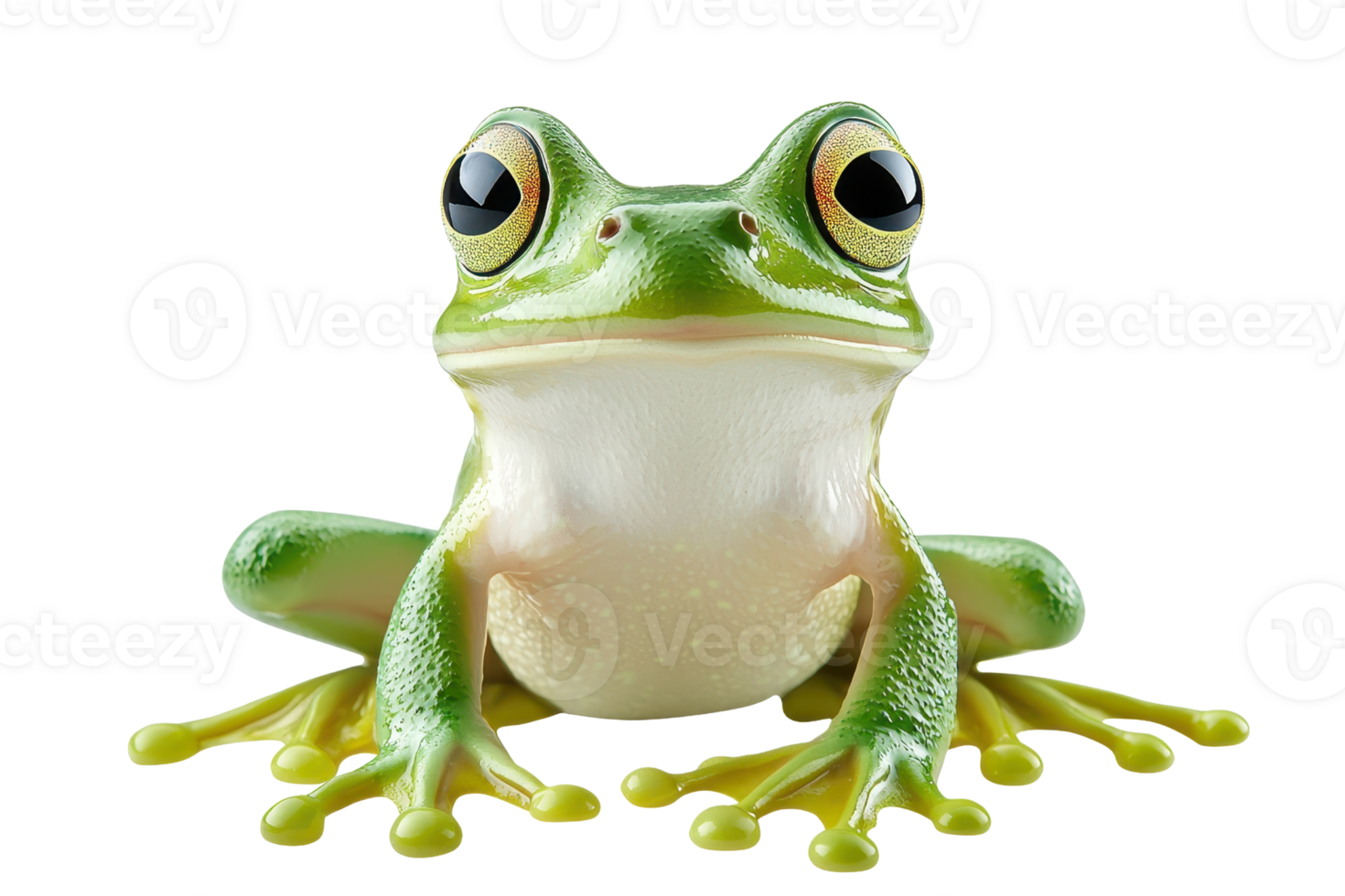 Close-up of a vibrant green tree frog with expressive eyes, isolated on a transparent background showcasing its smooth skin and unique features. png