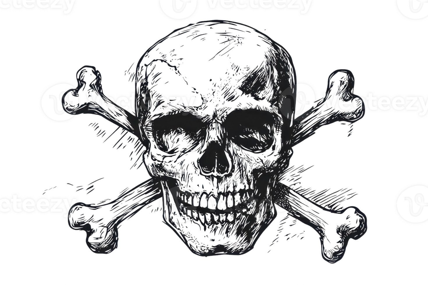 Black and white grunge skull and crossbones illustration, symbolizing danger and piracy with artistic texture on a transparent background. png