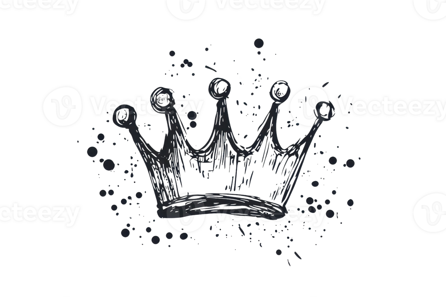 Artistic grayscale illustration of a decorative crown with hand-drawn aesthetic, surrounded by elegant splashes, symbolizing elegance and royalty. png