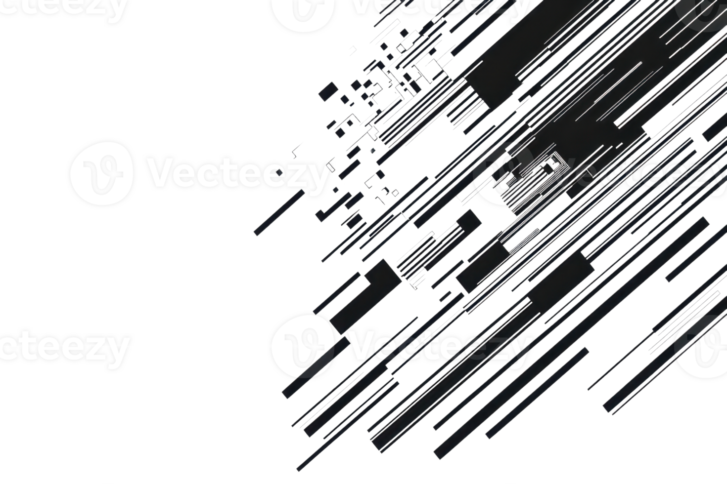 Abstract digital glitch effect with dynamic lines in black and white, creating a modern, futuristic tech background. png