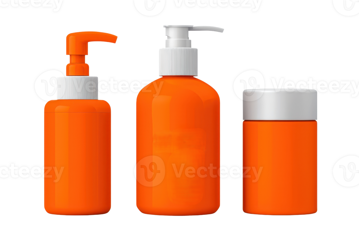 Three vibrant orange cosmetic containers with varying shapes, including a pump bottle, a round bottle, and a jar, showcasing modern packaging design. png