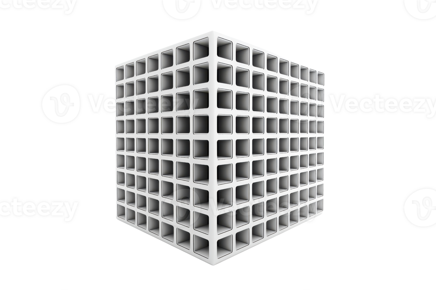 Abstract 3D cube with hollow square pattern. Geometric shape with grid layout, creating a modern and futuristic design. Minimalistic art concept. png