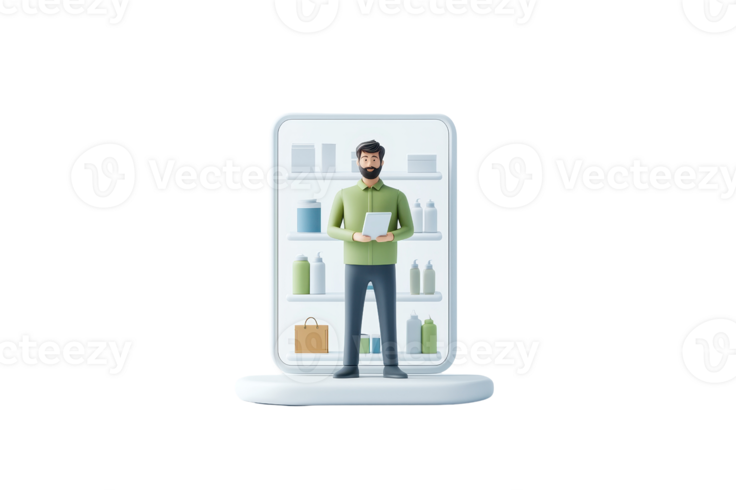 A cartoon character stands inside a refrigerator, holding a tablet, surrounded by various bottles and containers. png