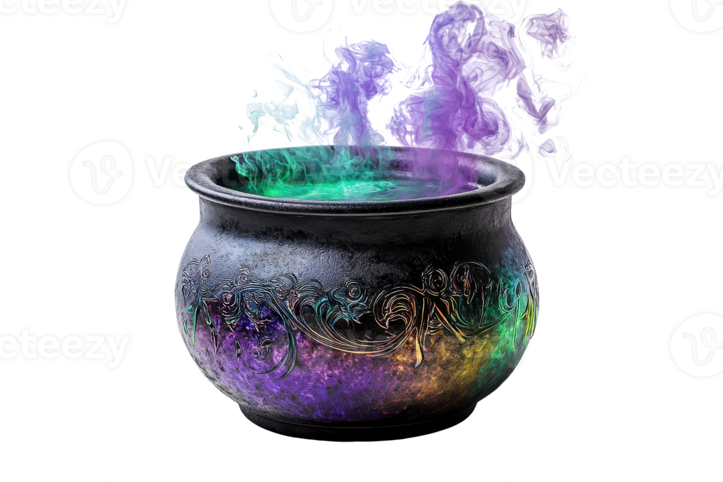 A mystical cauldron with swirling colorful smoke emanating, creating an enchanting and magical atmosphere perfect for fantasy themes. png