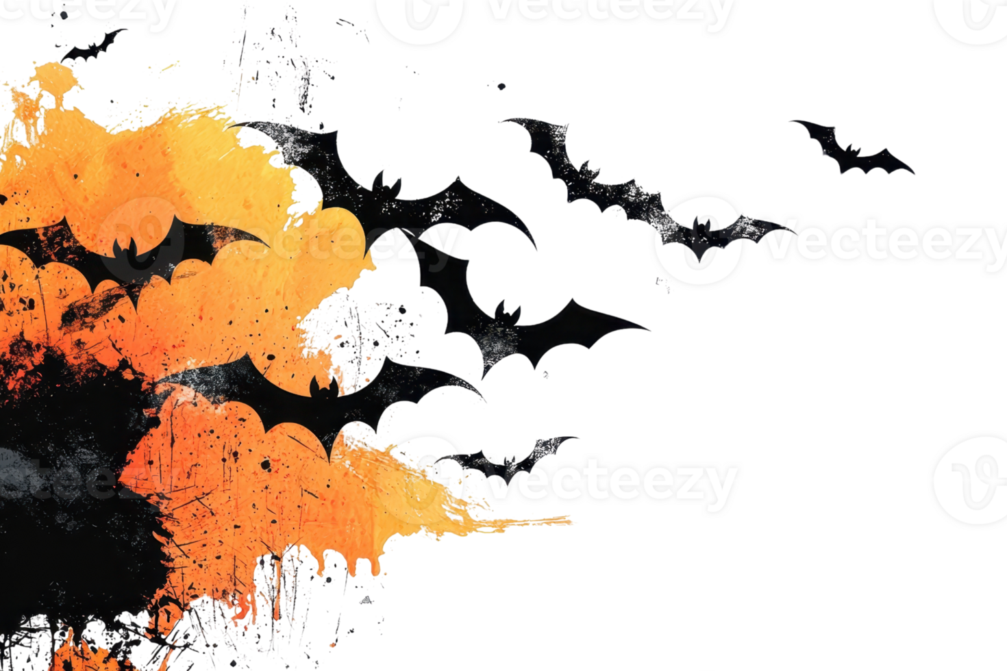 Abstract Halloween themed background with flying bats and splashes of orange and black, perfect for festive and spooky design projects. png