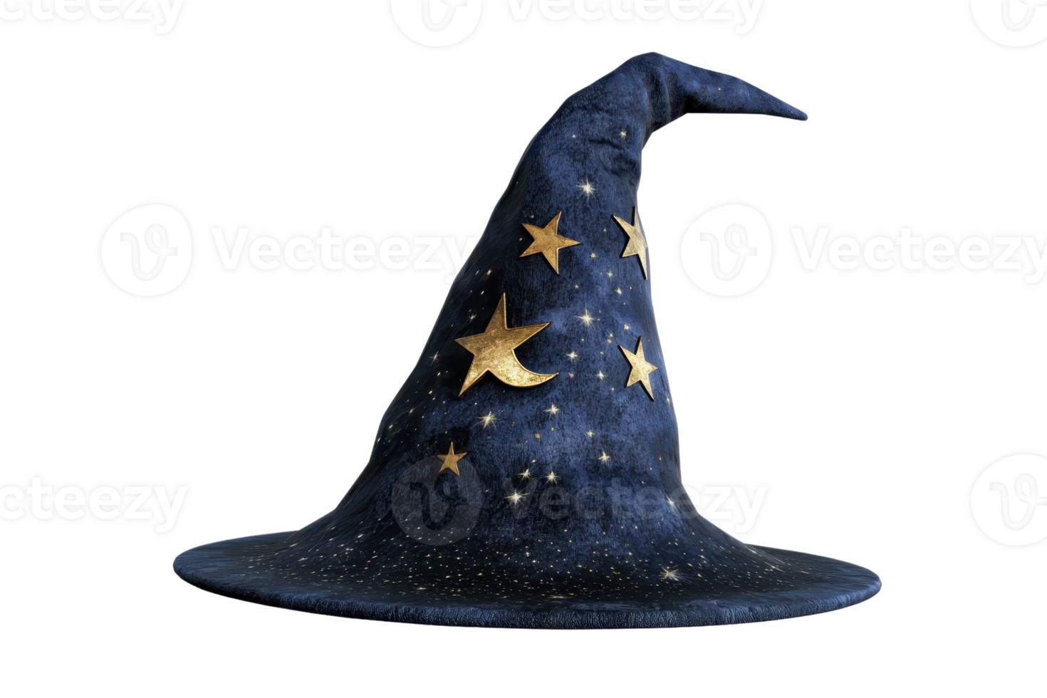 Blue wizard hat adorned with golden stars, symbolizing magic and mystery, isolated on a transparent background, perfect for fantasy themes. png