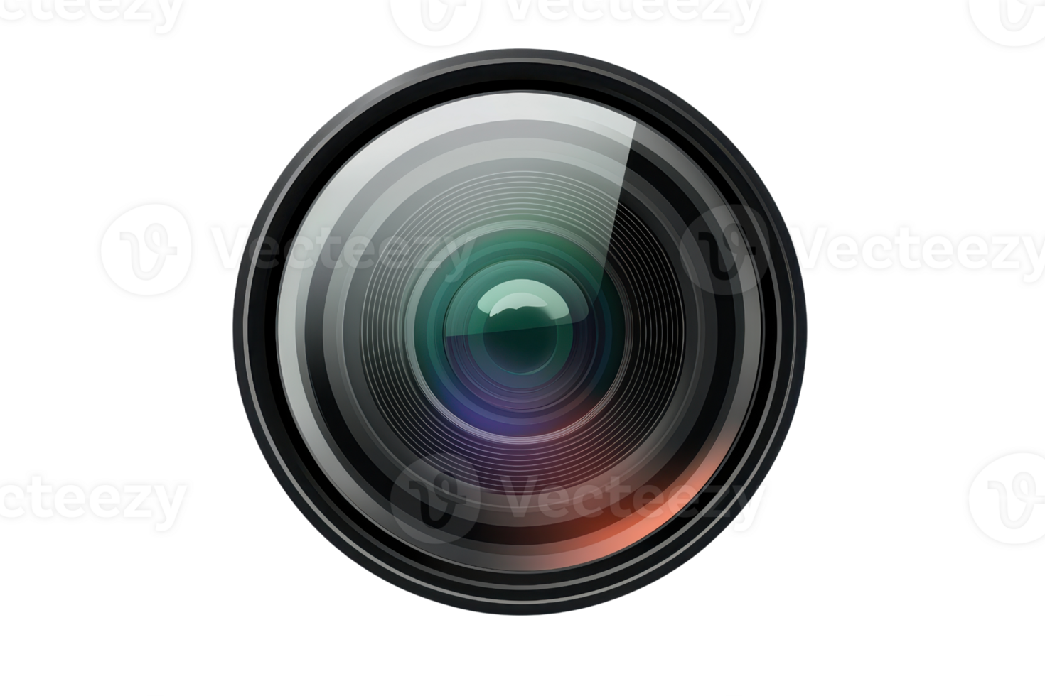 Close-up of a camera lens with reflections, showcasing precision engineering and modern technology in photography equipment. png
