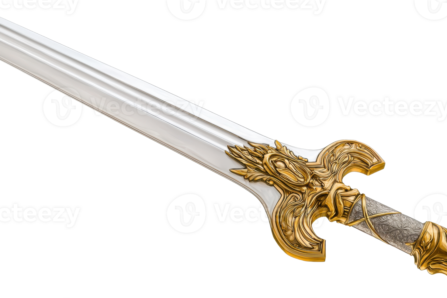 Elegant sword with a detailed golden hilt, representing medieval craftsmanship and historical weaponry. Perfect for fantasy or history themes. png
