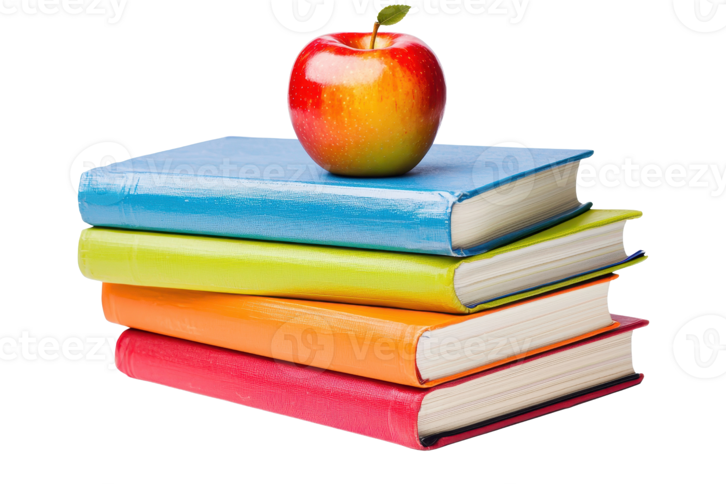 Colorful stacked books with a red apple on top, symbolizing education, knowledge, and learning. Perfect for educational themes. png