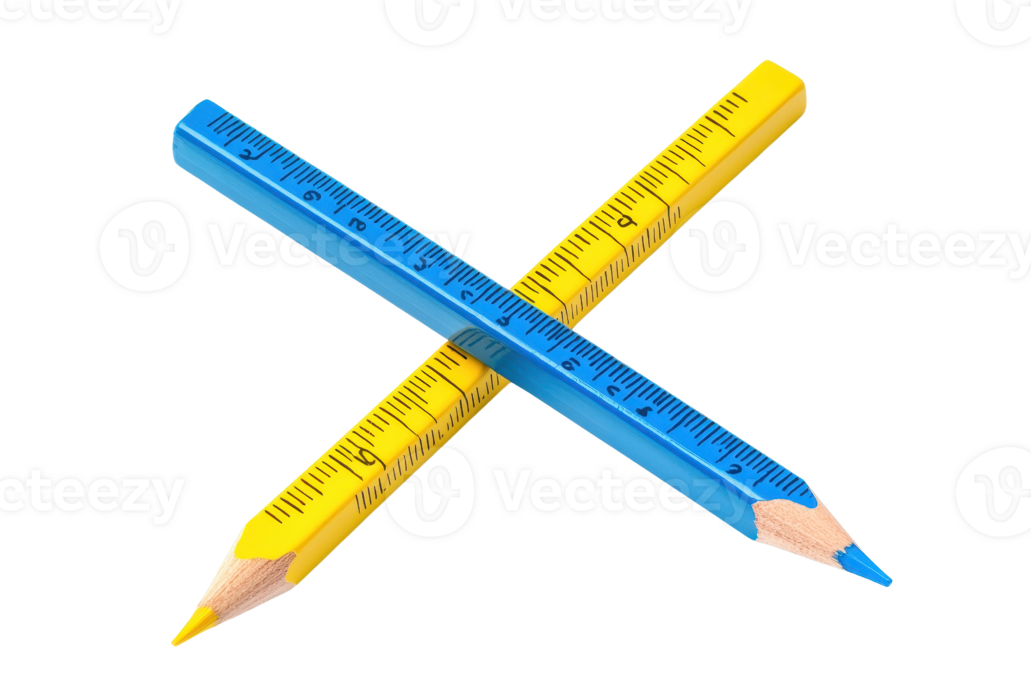 Colorful wooden pencils crossed elegantly, highlighting creativity in design and measurement with blue and yellow rulers. png