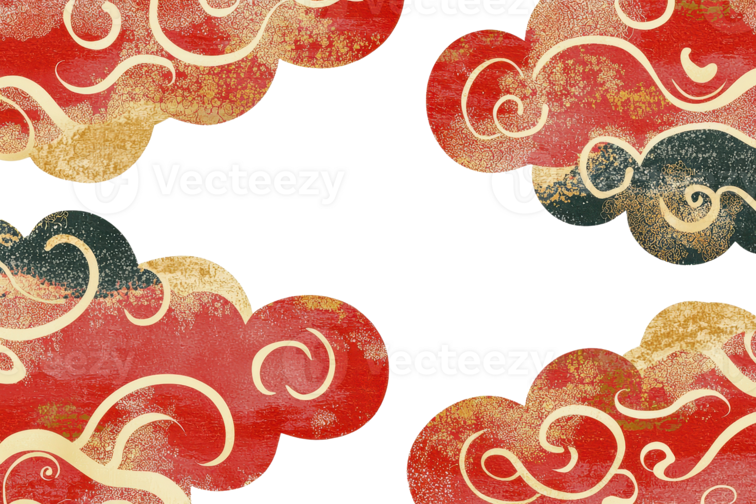 Elegant traditional oriental clouds in vibrant red and gold on a transparent background, showcasing intricate swirling patterns. png