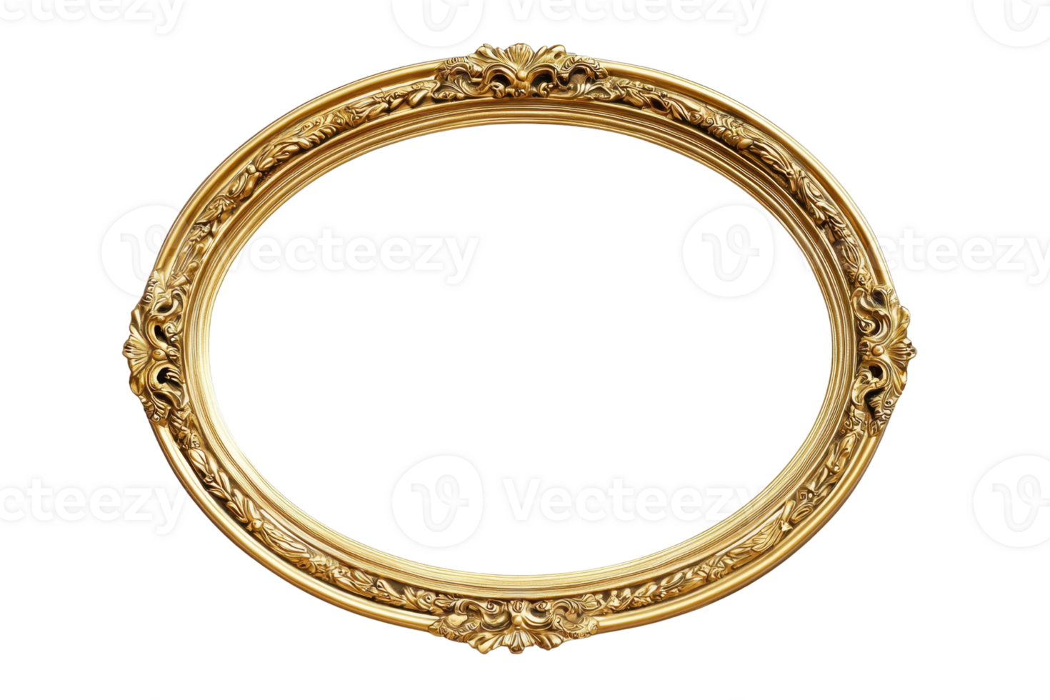 Elegant oval golden frame with intricate carved details, isolated on a transparent background. Ideal for art, portrait or decorative projects. png