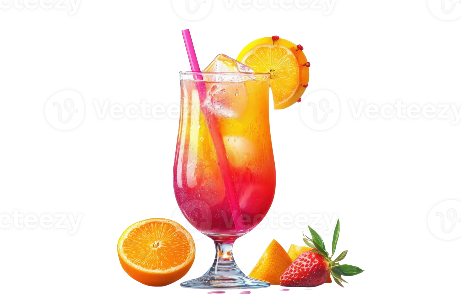Colorful tropical cocktail with orange and strawberry garnish, served in a tall glass with ice. Refreshing and fruity summer beverage. png